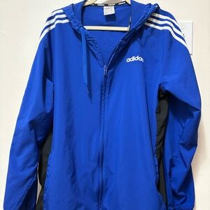 Adidas Men’s Royal Blue Windbreaker Lightweight Hooded Jacket with White Stripes